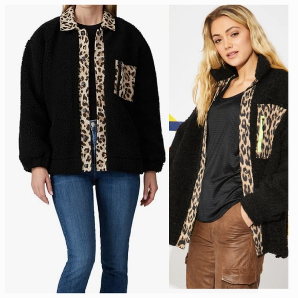 Louna Jackets & Blazers - Louna Leopard Trim Faux Sherpa Jacket Black Sz XS
